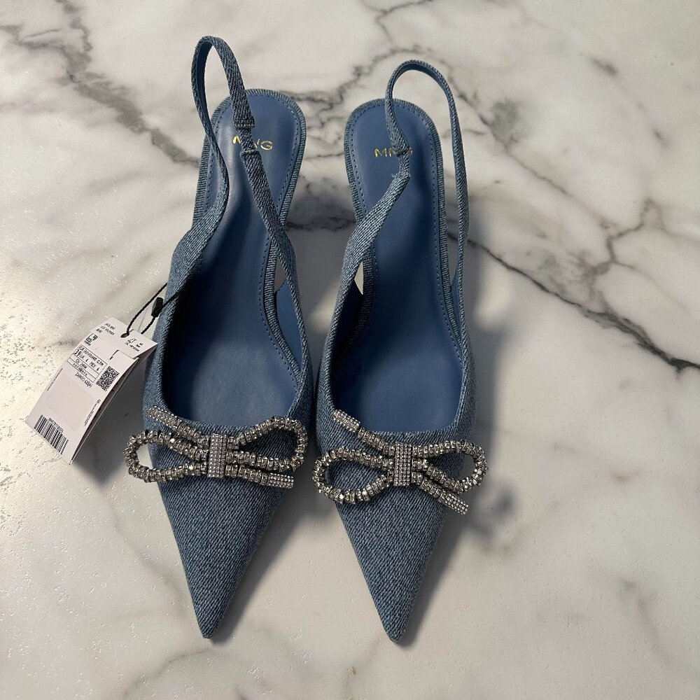 Mango Slingback Sling Back Denim Embellished Bow Heel 39 US 8.5 NWT